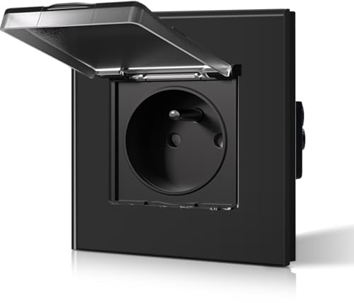 BSEED Prise Murale Etanche, Prise de Courant Encastrable En Verre, 16 Amp 240V Alternatif, Commutateur avec couvercle étanche Convient pour la salle de bains, la cuisine et l'extérieur, 86MM Noir