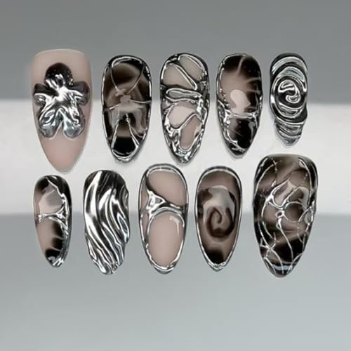 MouyouGlow Press on Nails Kurz,Almond Schwarz 3D Blumen Floral Silber Stripe Chrome Design Mandel Y2k Fake Nails mit Nagelkleber,Black Silver Wavy Flowers INS Sweet Cool Künstliche Fingernägel