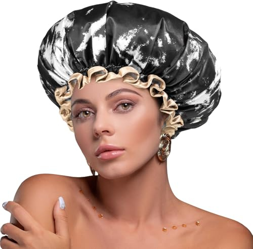 mikimini grand bonnet de douche pour femmes et hommes – Bonnet réutilisable et imperméable à double couche avec bande réglable pour cheveux longs et tressés – Design classique élégant noir et blanc