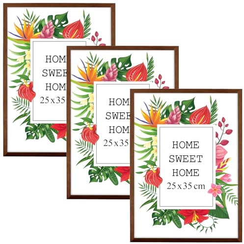 MG Design Set aus 3 Braun Bilderrahmen 25 x 35 cm – Aus echtem Holz mit Acrylglas, zum Aufhängen & Aufstellen, für Fotos, Poster & Puzzle