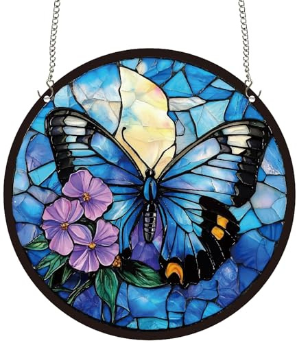 CREATCABIN Atrapasueños de Mariposas Redondos de Acrílico Atrapasueños de Animales Teñidos Adornos Colgantes para Pared de Ventana con Cadena de Metal para Inauguración de la Casa Sala de Estar 25cm