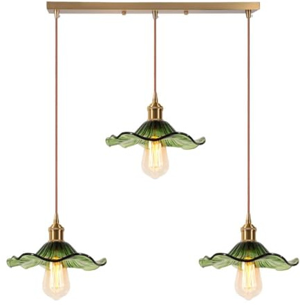 LIGINOK Lámpara colgante con 3 lámparas de techo de cristal verde, flores E27, regulable en altura, suspensión de mesa de comedor para salón dormitorio cocina