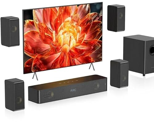 Hiwill-Audio Wooden 5.1.2 Virtual Surround Sound System, 4 Surround Speakers Wired, 400W Peak Power, Sound Bars for Smart TV w/Subwoofer, 5.25'' Deep Bass, Home Theater TV System, ARC/Opt/BT/AUX
