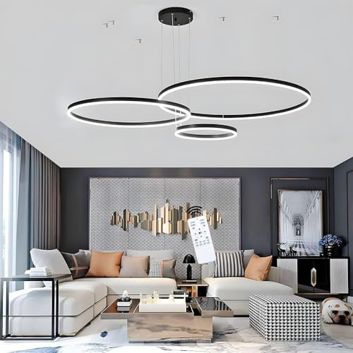 LIUYU LED Pendelleuchte 3 Ringe Schwarz Groß 20+40+60cm 75W Dimmbar mit Fernbedienung und Höhenverstellung 120cm Kabellänge Aluminium Acryl Hängelampe für Wohnzimmer Esszimmer Schlafzimmer