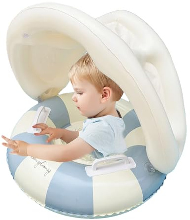 Retro Kinder Schwimmring Mit Sonnenschutz - Gestreifter Sitzschwimmer Für Kinder Im Alter Von 0-4 Jahren, Bequemer Sicherer Schwimmring Für Schwimmbäder, Strände Und Aktivitäten