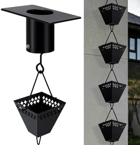 HANAYARD Square Rain Chains for Gutters Outside Black Powder Coated Downspouts Rain Catcher Diverter Metal Outdoor Decorative, 8.5 FT, w/V Gutter Clip for Rain Chains