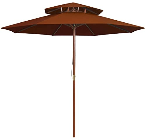 Parasol avec double toit, mât en bois et système de poulie, couleur terre cuite rouge, 270 cm, protection UV pour jardin, terrasse et balcon, robuste