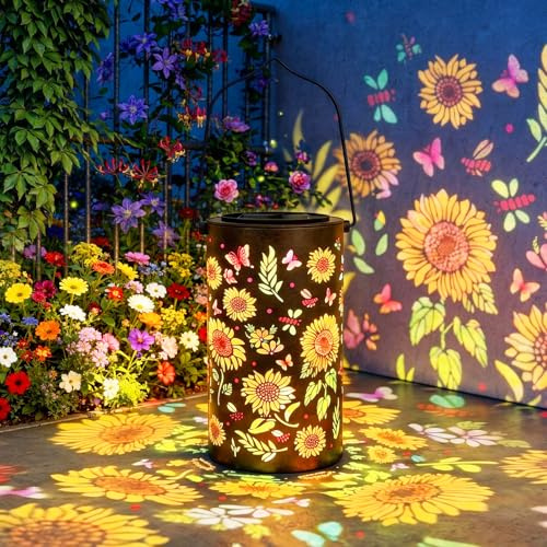 Farolillo solar de girasoles para exteriores, lámparas solares para exteriores, IP44, resistente al agua, ahuecadas de metal con asa para terraza, césped, jardín, decoración, regalos para mamá, abuela