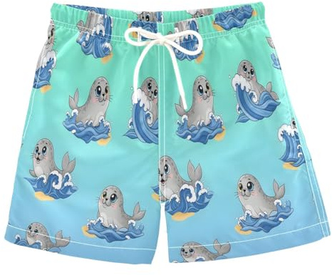SLHKPNS Cute Seal Wave Boys Board Shorts Quick Dry Boys Bathing Suit Toddler Swim Trunks,XS