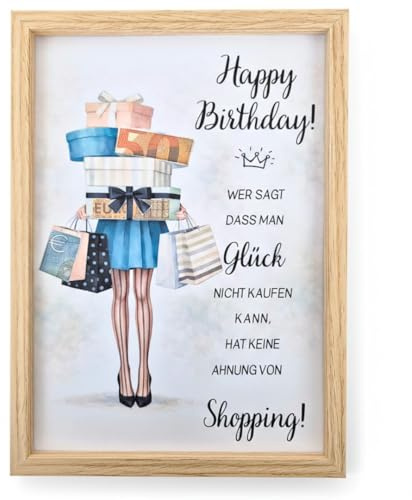 Geldgeschenk Shopping Gutschein Glückwunschkarte im Holzbilderrahmen | Geburtstag Frauen | Individuelle Geschenkverpackung Geld Geschenk | Geschenkideen Geburtstag | Geldgeschenke | Einkaufsgutschein