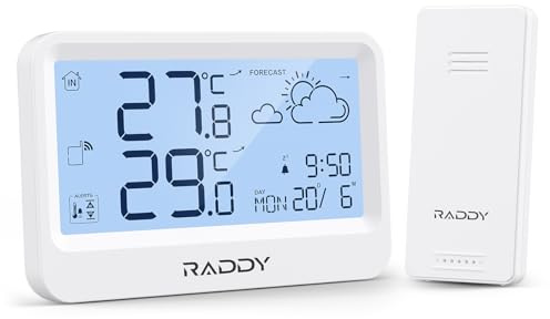 Raddy WF-60 Station Météo Numérique Maison, Thermomètre Intérieur Extérieur avec Prévisions Météo, Moniteur Température avec Alerte Gel, Réveil, Fonctionne à Piles, pour Maison et Jardin
