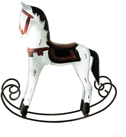 Adorno de caballo balancín de madera tallada a mano, decoración vintage con acabado envejecido para Navidad, hogar, boda, cafetería, estatua rústica de 24 cm, color blanco y gris (rojo)
