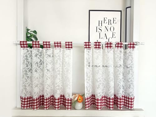 Daliena Fenstergardinen 2er Set Scheibengardinen Spitze Kurz Gardine mit Karo Muster Küchengardine Vintage Landhaus Bistrogardine Halbtransparent Kurzstore Rot mit Schlaufen (BxH 65x90cm) 2 stück