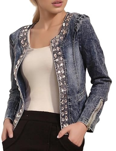 Women’s Cropped Denim Jacket with Rhinestone and Sequins Retro Style Stretch Jean Jacket with Sparkly Embellishments Oversized Denim Blazer for Casual Everyday Wear Plus Size UK