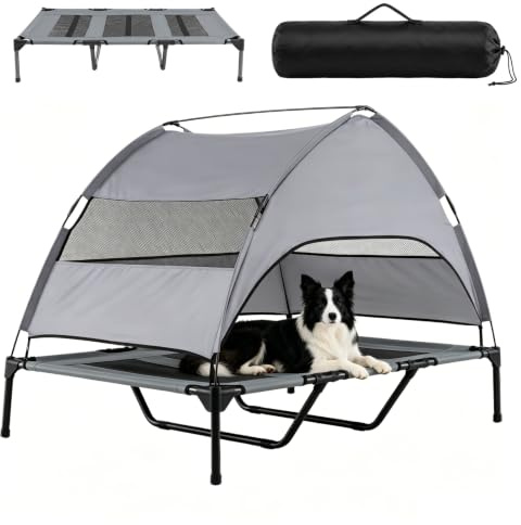 GYMAX Elevated Dog Bed, Raised Dogs House with Removable Canopy, Breathable Mesh & Carry Bag, Indoor Outdoor Off-Ground Pet Cot for Yard Patio Camping Beach Lawn Yard (122.5 x 91 x 95 cm)