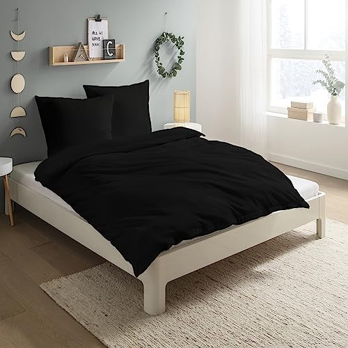 Carpe Sonno Biber Bettwäsche 155 x 220 cm Baumwolle - 2tlg Bettwäsche Winter - Set aus Deckenbezug mit Reißverschluss + Kissenbezug - Flauschige Winter Bettwäsche Flanell - Schwarz