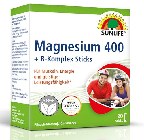 SUNLIFE Magnesium 400 + B-Komplex Sticks - 1x20 Pulver Sticks - Pfirsich-Maracuja Geschmack - Magnesium für Muskeln, Nerven & Energie - Magnesium Direkt Sticks - Magnesium Pulver vegan