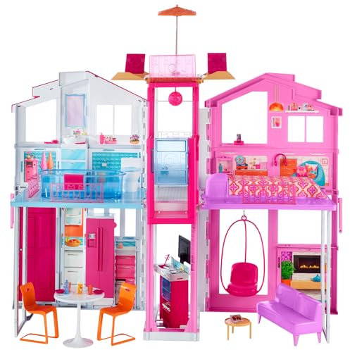 Barbie 3-Story Townhouse Dollhouse with Elevator, Swing Chair, Furniture and Accessories, Fold for Portability and Travel, DLY32