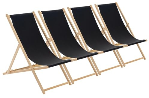 Harbour Housewares Folding Wooden Deck Chairs – Black – Pack of 4 – Adults Traditional Foldable Reclining Outdoor Canvas Sun Lounger Chair Seat for Garden Patio, Beach, Camping