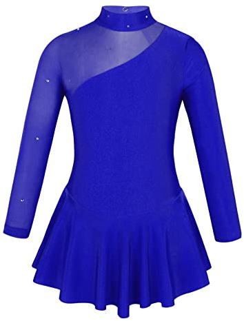iiniim Vestido de Patinaje Sobre Hielo Niñas Maillot Ballet Manga Larga Vestido de Gimnasia Ritmica Brillantes Vestidos de Baile Contemporáneo A Azul Zafiro 8 años