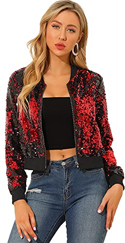 Allegra K Damen Pailletten Jacke Glitzer Blazer Langarm Reißverschluss Crop Sequin Bomberjacke
