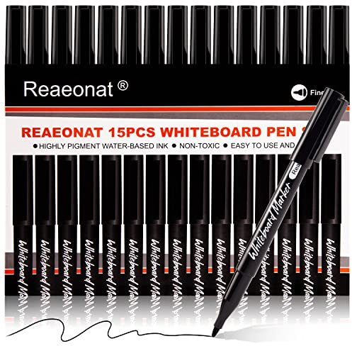 Reaeonat Whiteboard Pens, 15Pcs Black Fine Tip Dry Wipe Erase White Board Markers for Writing Home School Office Uses