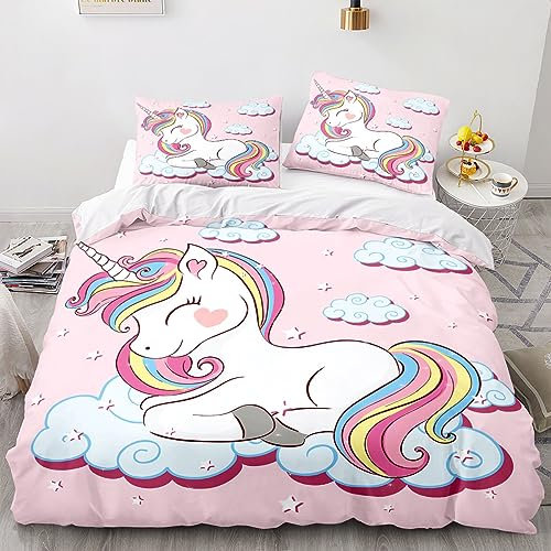 TSOPEFI Juego de Ropa de Cama para niña con Unicornio Rosa,Juego de Funda nórdica Infantil con Estampado de Unicornio de Dibujos Animados,con arcoíris,Nubes y Caballos (135 x 200 cm, A)