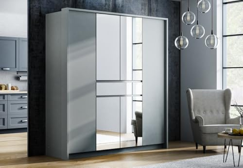 Easy4You Split Platinum Wardrobe 200 x 217 x 65 cm with Mirror - Bedroom Furniture, Storage - Multi-Purpose Cabinet with Drawer and 4 Clothes Rails