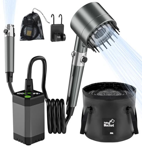 Deeteck Portable Shower Camping: Upgraded USB Electric Shower Pump Kit- Rechargeable ducha portátil para Camping Outdoor Set with Filtered Showers Head Sprayer Bucket for Beach, Pet Bath, Car, Travel