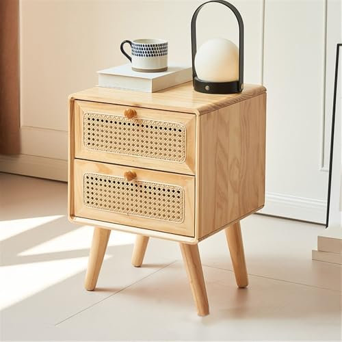 Nachttisch aus der Mitte des Jahrhunderts, Beistelltisch mit 2 Schubladen, dekorativer Nachttisch aus Rattan, für Schlafzimmer, Schlafsäle und kleine Räume, minimalistischer Nachttisch aus Holzrattan