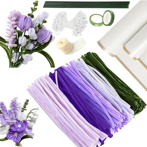Kit de Fleurs DIY 250Pcs – Fil Chenille Pastel pour Enfants, Cure-Pipe Fleur avec Tige Verte, Pistil, Ruban, Papier Cadeau – Loisir Créatif Bouquet de Roses