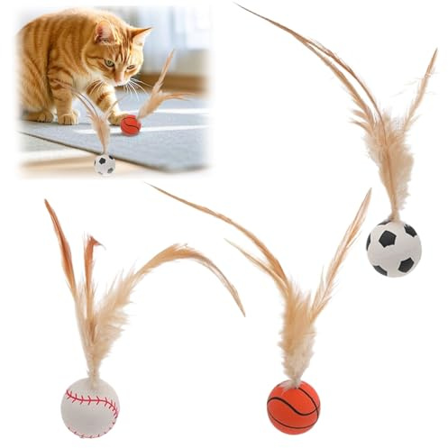 Wbgraceful Feather Cat Toy Set – 3 Interactive Bouncy Balls, Sprint & Mini Basketball Soccer Toys for Exercise. Fun Feather Toys to Keep Your Cat Active & Entertained!