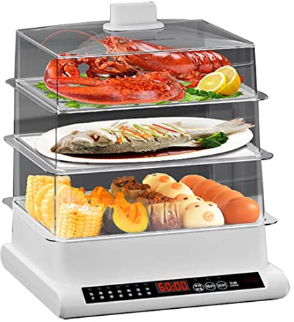 Pentola a vapore a 3 livelli con ciotole rimovibili, 800 W, compatta, per riso, carne, verdure, timer da 60 minuti