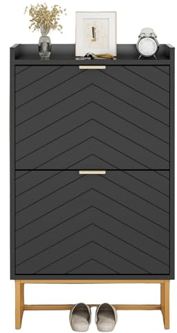UEV Schuhschrank mit 2 Klappen Schmal, Schuhkipper für Flur Wohnzimmer, Schuhkommode mit Kippschutz, Verstellbare Trennwände für Verschiedene Schuhtypen, 50x24x103,5cm, Flurschrank Schmall, Schwarz
