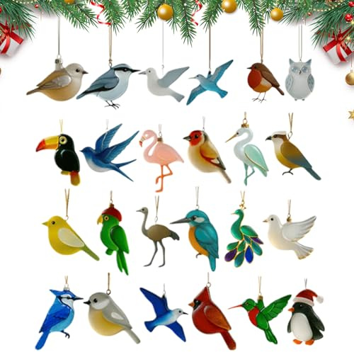 2025 Weihnachts-Adventskalender aus Meeresglas – 26,7 x 18,3 x 3 cm, 2D-Acryl-Dekoration, festlicher Vogel-Countdown, Urlaubs-Ornament-Set | 24 Tage Weihnachtsdekoration