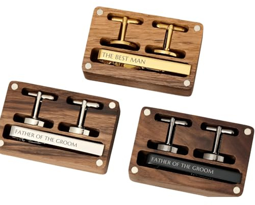 Custom Cufflinks for Men – Engraved Round Wedding Cufflinks, Groom, Best Man & Groomsmen Gift, Silver Gold Black, Custom Initials with Tie Clip & Wooden Box