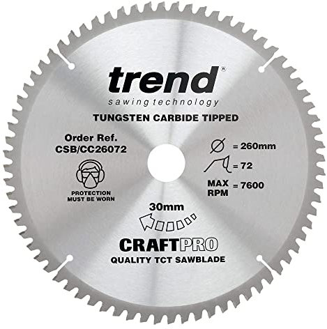 Trend Wood Mitre Saw Blade, 260mm Diameter, 30mm Bore, 72 Teeth, 2.5mm Kerf, -5° Hook, TCT, Extra-Fine Finish, CSB/CC26072