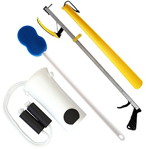 RMS 4-Piece Hip Kit with 32” Reacher, Sock Aid, Bath Sponge & Shoe Horn – Long-Term Orthopedic Daily Living Aids for Chronic Hip, Knee & Mobility Limitations