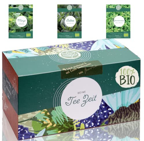 Bio Geschenk Anzuchtset – 3 Sorten Tee Kräuter Samen für dein eigenes Indoor oder Garten Kräuter Projekt | mit extra viel Tee Kräuter Saatgut. Handmade verpackt als einzigartiges Geschenk.