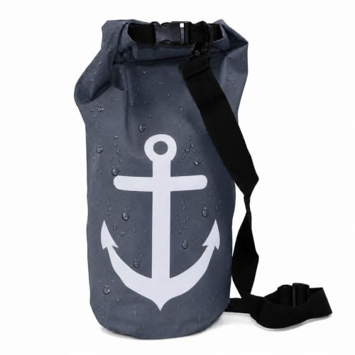 Sonia Originelli Seesack 10 L Grau wasserdichter Dry Bag - Anker Print | Rolltop-Verschluss und verstellbarem Schultergurt für SUP, Kajak und Strand
