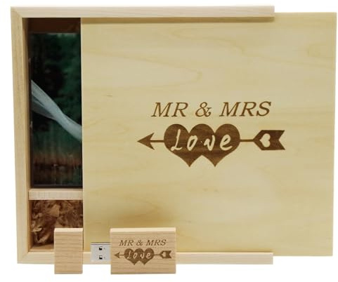 LXSINO Memoria USB de Madera Con Láser Grabada por Mr & Mrs Design - 32 GB Con Caja de Madera para Fotografía (170*170*35 mm) para Novia, Novio (Maple)