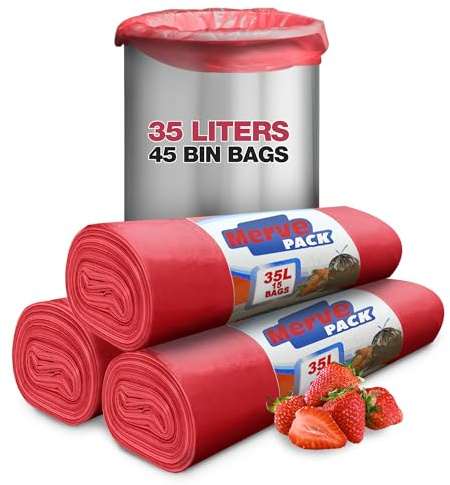 35L Bin Bags, 45 Counts Stawberry Scented Bin Liners with Drawstring, Swing Bin Liners for Kitchen Bin, Ideal for Office, Kicthen, and Bathroom Bins, Scented Bin Bags