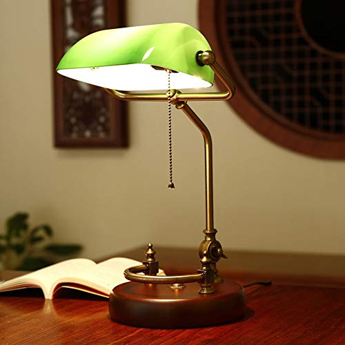 Bankers Desk Lamp Tempered Glass Lampshade Brass Finish with Pull Chain Switch Plug Thick Solid Wood Base Adjustable Retro Traditional Table Lamp for Bedrooms Office Reading Living Room (Green)