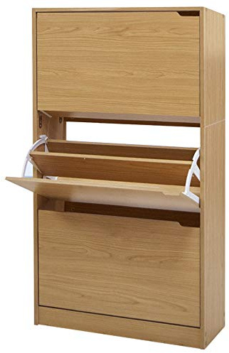 BAKAJI Schuhschrank aus MDF-Holz mit 3 Türen, Schuhregal, versenkbare Griffe, doppelte Tiefe, kompakte Größe, 63 x 24 x 5 cm, platzsparend, Eingangsbereich zu Hause (Eiche)