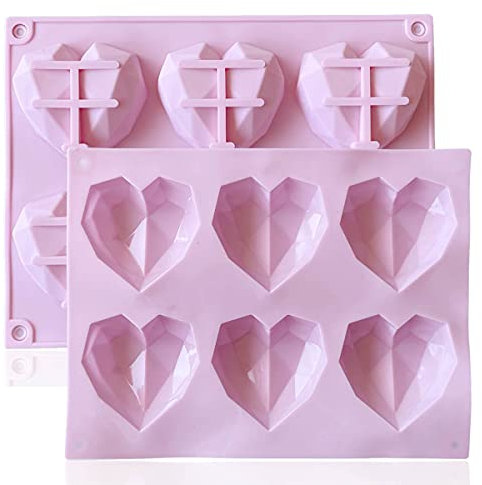 mixed24 2 stampi in silicone 3D a forma di cuore con diamanti a forma di cuore, per torte, fondente, muffin rosa