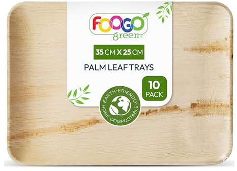 FOOGO Green 10 Bandejas Hoja de Palma Grandes 35x25cm Desechables Pizza