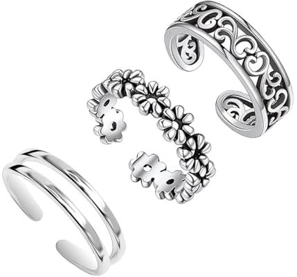 LeCalla 3 Stück 925 Sterling Silber süße Blume Herz Band Ring offen verstellbare Zehenringe für Frauen