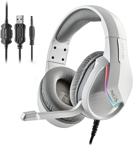 NGS GHX-515 - Casque de Jeu Rembourre avec lumieres LED RGB, Controle du Volume & Mute, Compatible avec PS/Xbox/PC, Blanc