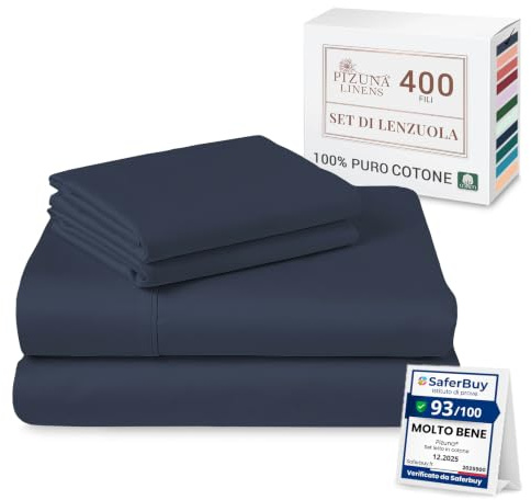 Pizuna Set lenzuola letto matrimoniale Cotone 140x200 cm Blu 400 fili 4Pz | Set lenzuola Matrimoniale 100% cotone a fiocco lungo, 140x200 cm, colore Blu Scuro, 400 fili - angoli, sopra, 2 federe
