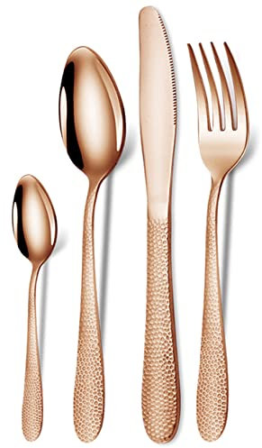 XIAOYU 4 Pieces Hammered Silverware Set, Stainless Steel Flatware Set, Utensils Set Include Dinner Knives/Forks/Spoon, Rose Gold